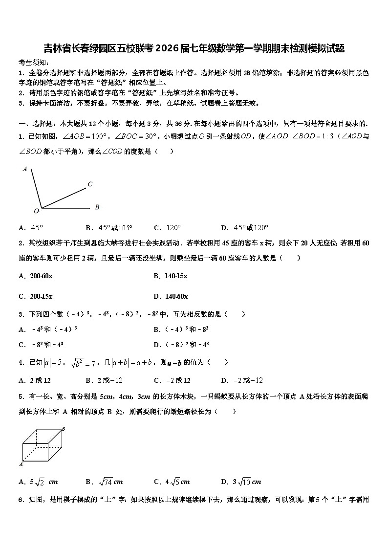 吉林省长春绿园区五校联考2026届七年级数学第一学期期末检测模拟试题含解析第1页