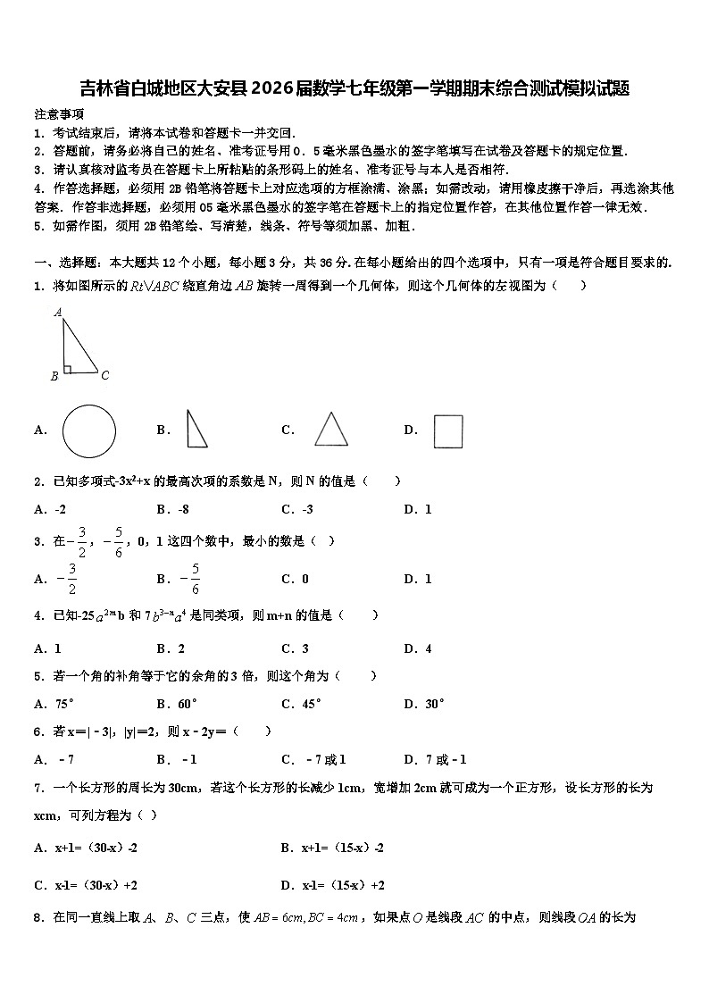 吉林省白城地区大安县2026届数学七年级第一学期期末综合测试模拟试题含解析第1页