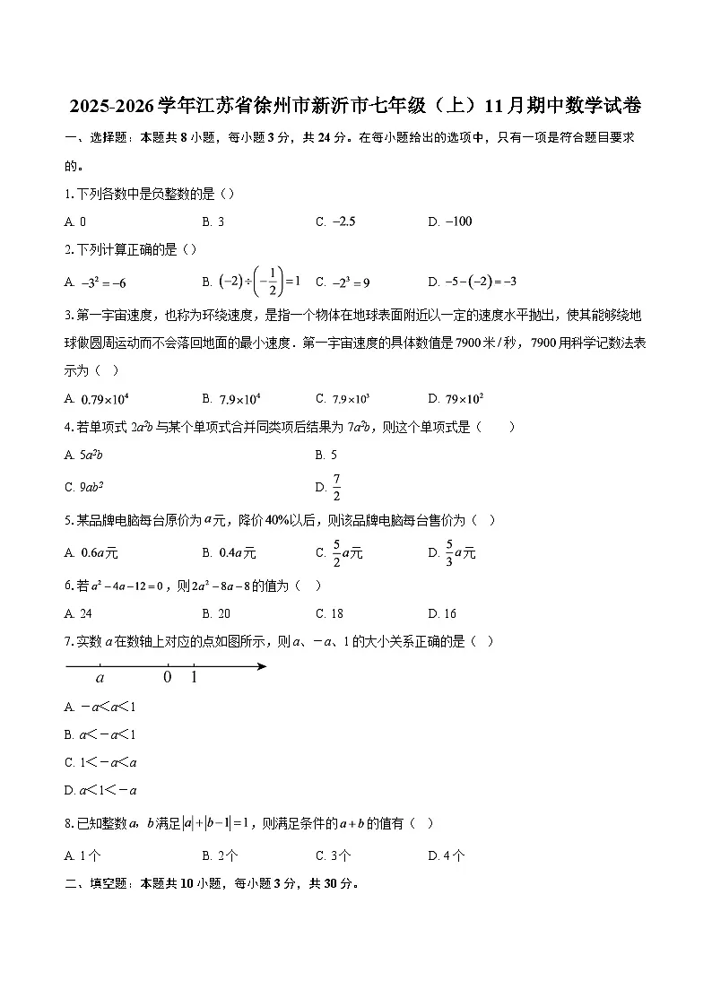 2025-2026学年江苏省徐州市新沂市七年级（上）11月期中数学试卷-自定义类型第1页