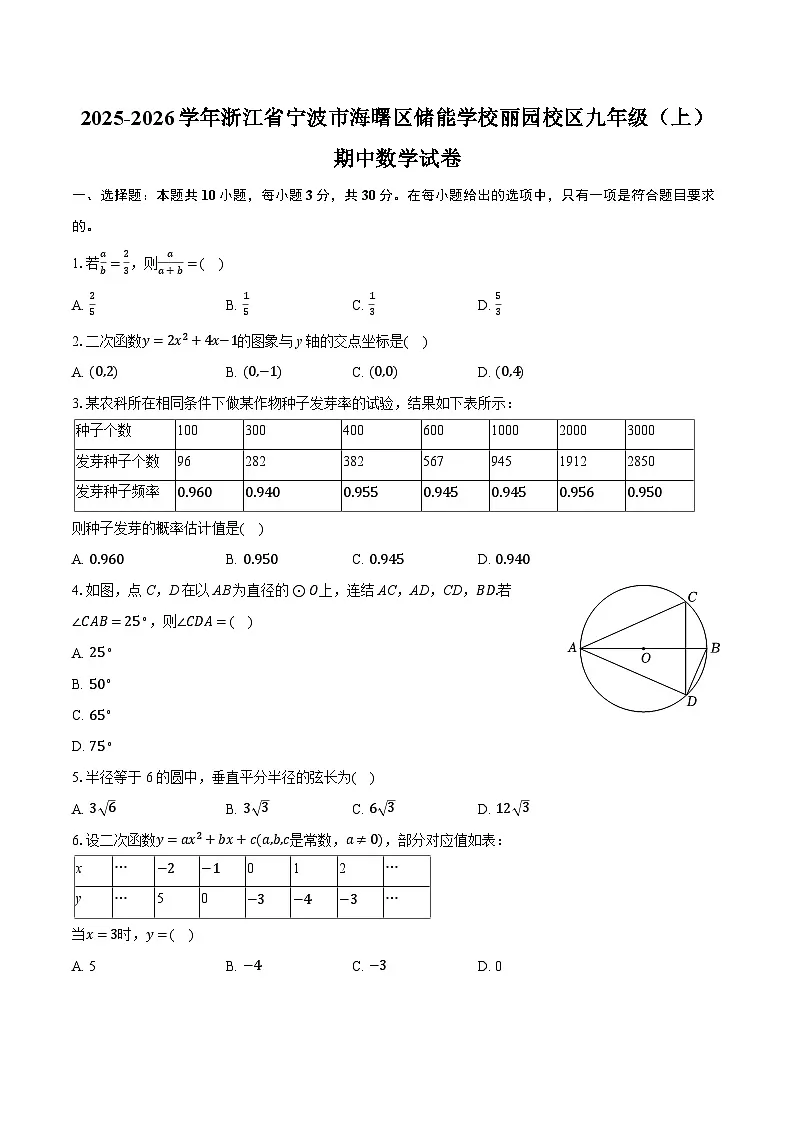 2025-2026学年浙江省宁波市海曙区储能学校丽园校区九年级（上）期中数学试卷（有答案和解析）第1页