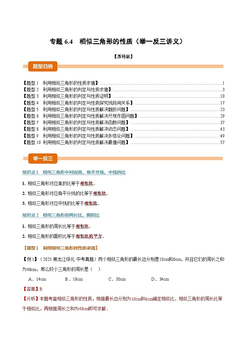 专题6.4 相似三角形的性质（举一反三讲义）数学苏科版九年级下册（解析版）第1页