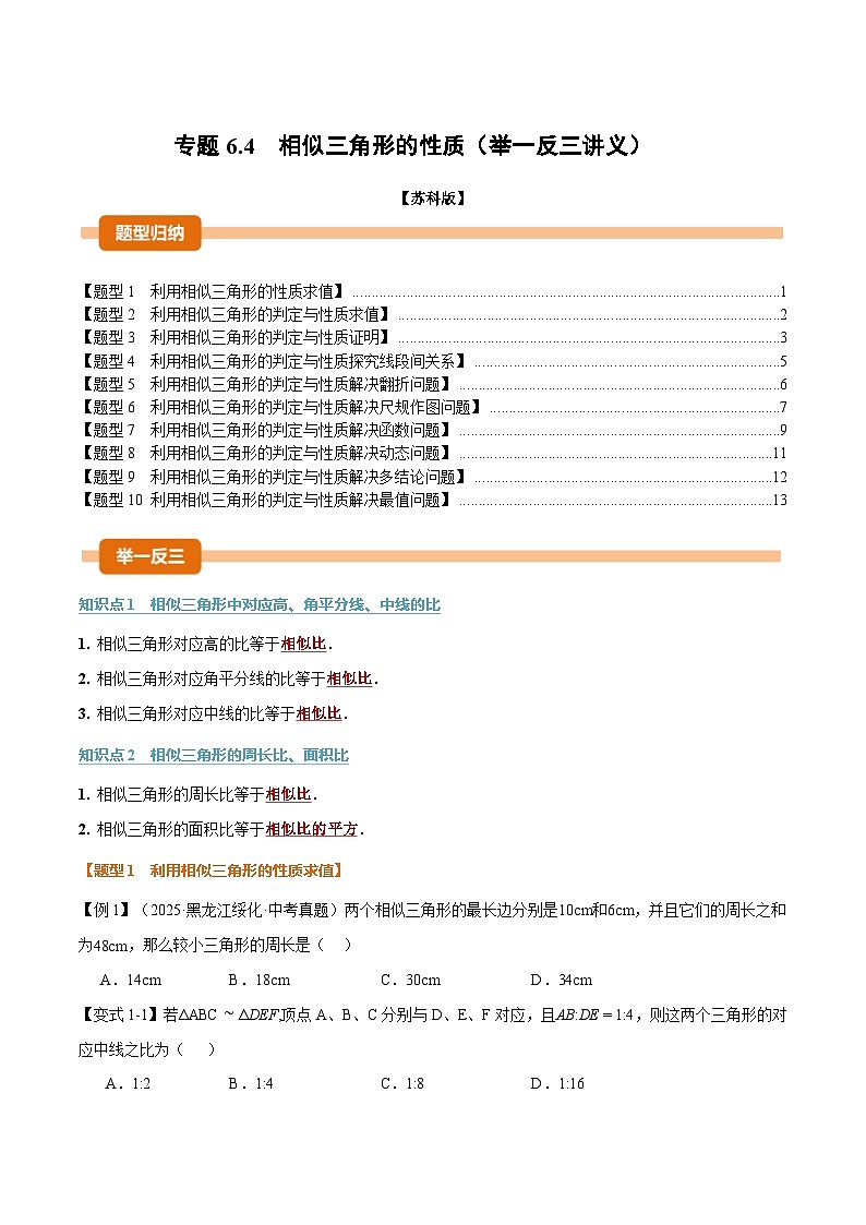 专题6.4 相似三角形的性质（举一反三讲义）数学苏科版九年级下册（原卷版）第1页