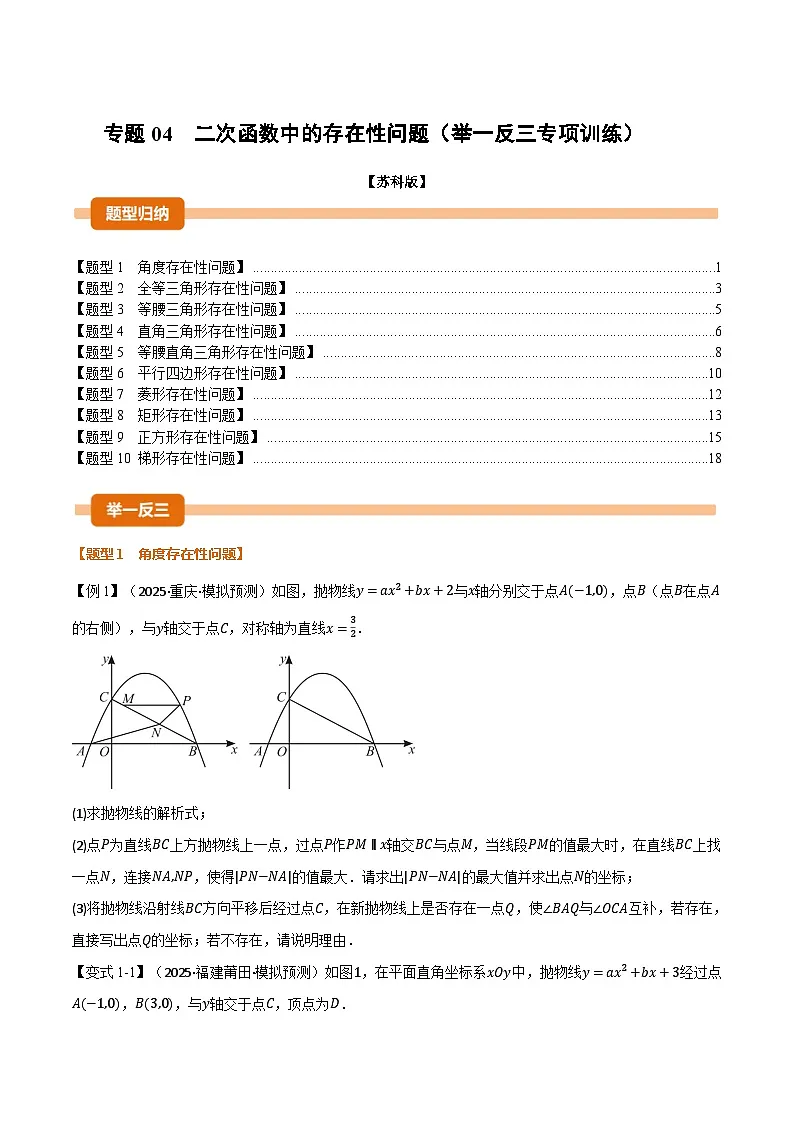 专题04 二次函数中的存在性问题（举一反三专项训练）数学苏科版九年级下册（原卷版）第1页