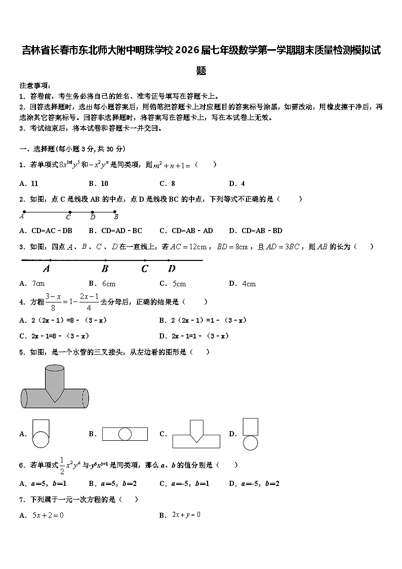 吉林省长春市东北师大附中明珠学校2026届七年级数学第一学期期末质量检测模拟试题含解析第1页