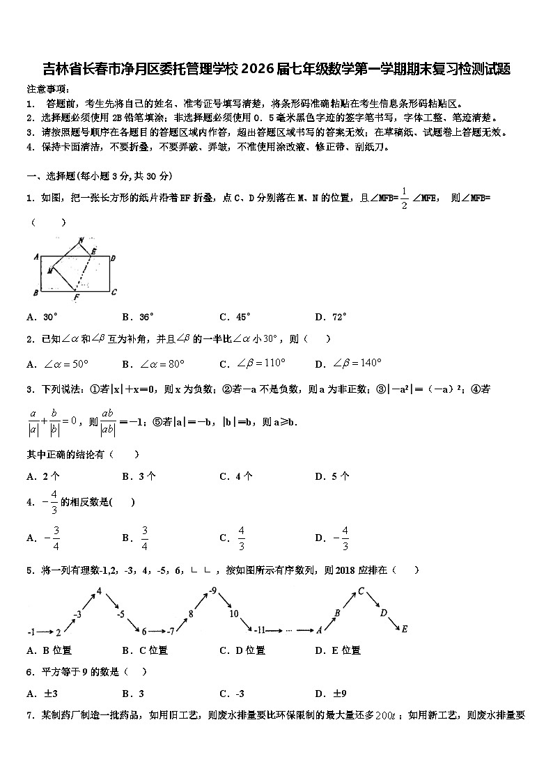 吉林省长春市净月区委托管理学校2026届七年级数学第一学期期末复习检测试题含解析第1页