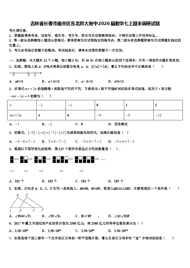 吉林省长春市南关区东北师大附中2026届数学七上期末调研试题含解析第1页