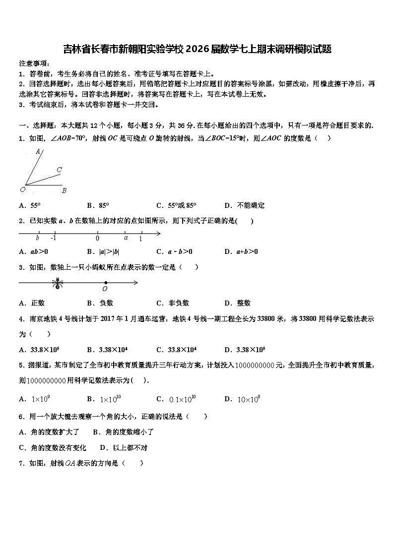 吉林省长春市新朝阳实验学校2026届数学七上期末调研模拟试题含解析第1页