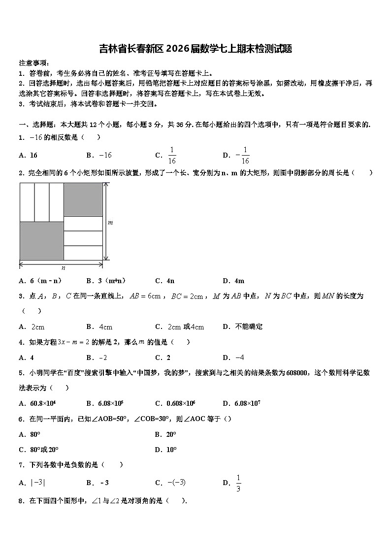 吉林省长春新区2026届数学七上期末检测试题含解析第1页