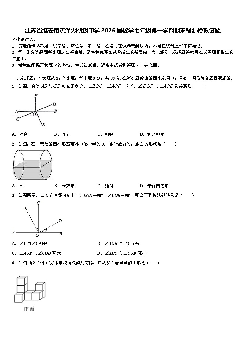 江苏省淮安市洪泽湖初级中学2026届数学七年级第一学期期末检测模拟试题含解析第1页