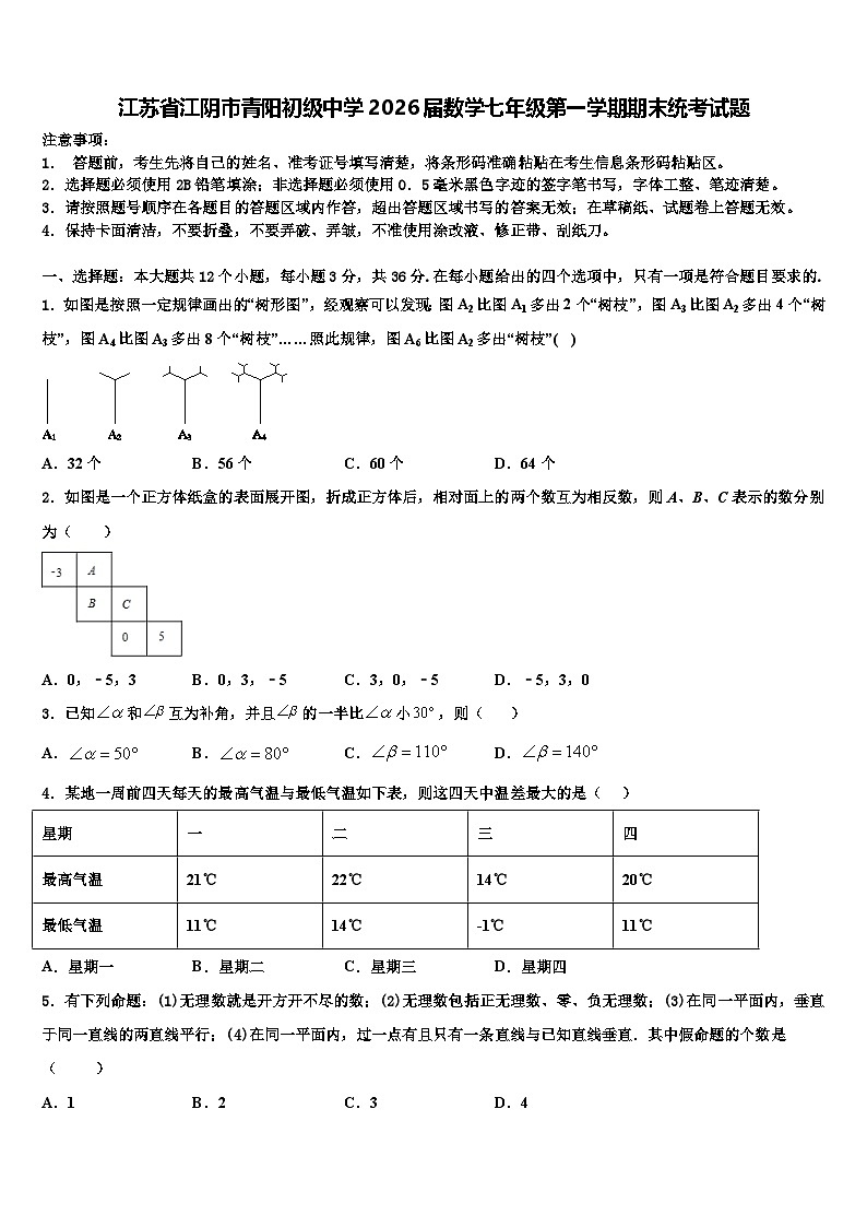 江苏省江阴市青阳初级中学2026届数学七年级第一学期期末统考试题含解析第1页