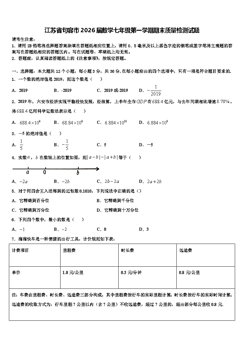 江苏省句容市2026届数学七年级第一学期期末质量检测试题含解析第1页