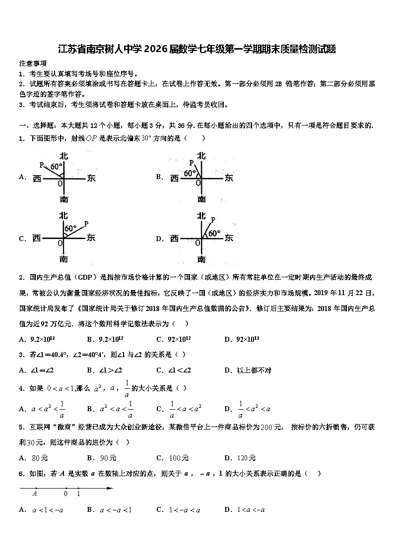 江苏省南京树人中学2026届数学七年级第一学期期末质量检测试题含解析第1页