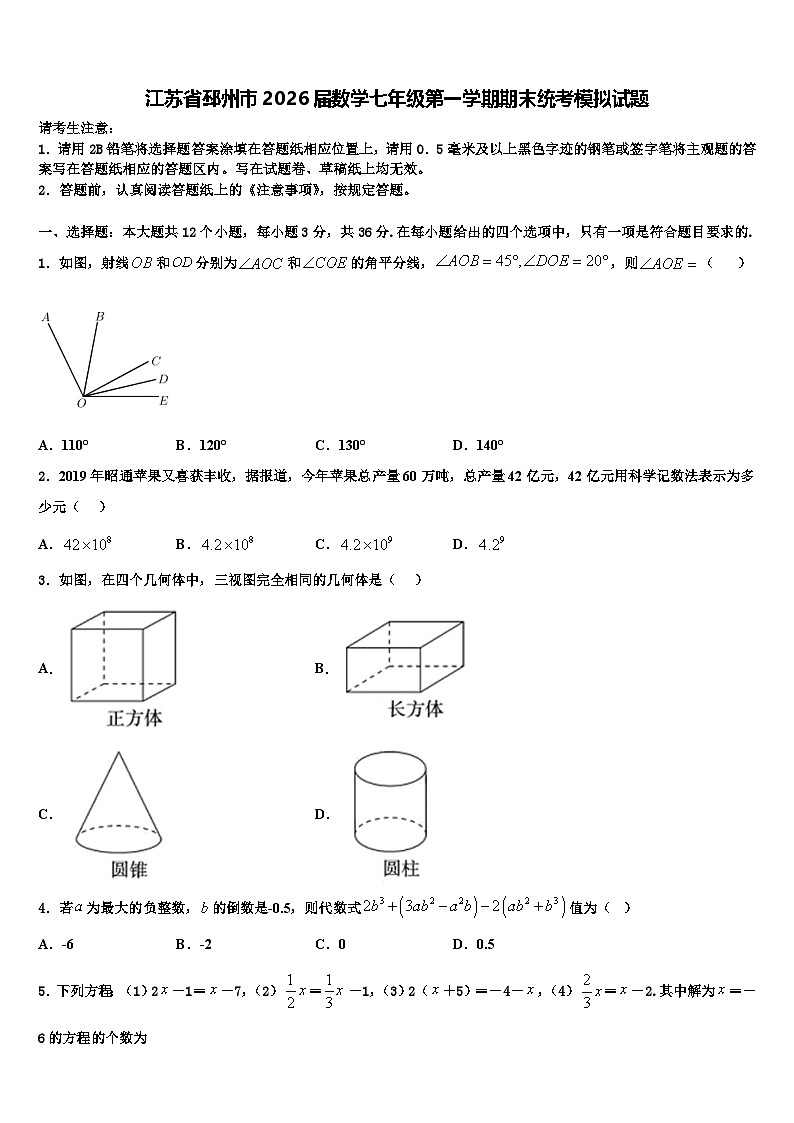 江苏省邳州市2026届数学七年级第一学期期末统考模拟试题含解析第1页
