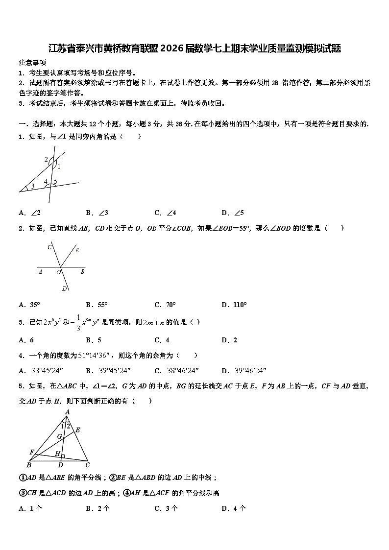 江苏省泰兴市黄桥教育联盟2026届数学七上期末学业质量监测模拟试题含解析第1页