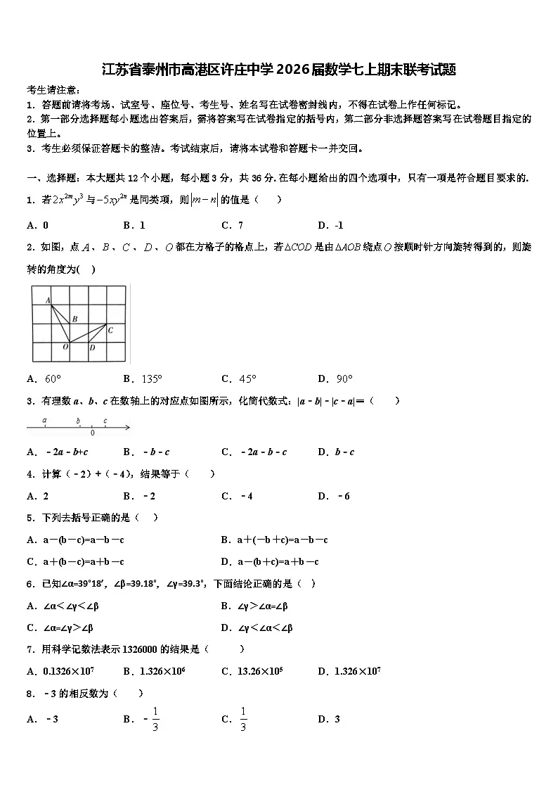 江苏省泰州市高港区许庄中学2026届数学七上期末联考试题含解析第1页