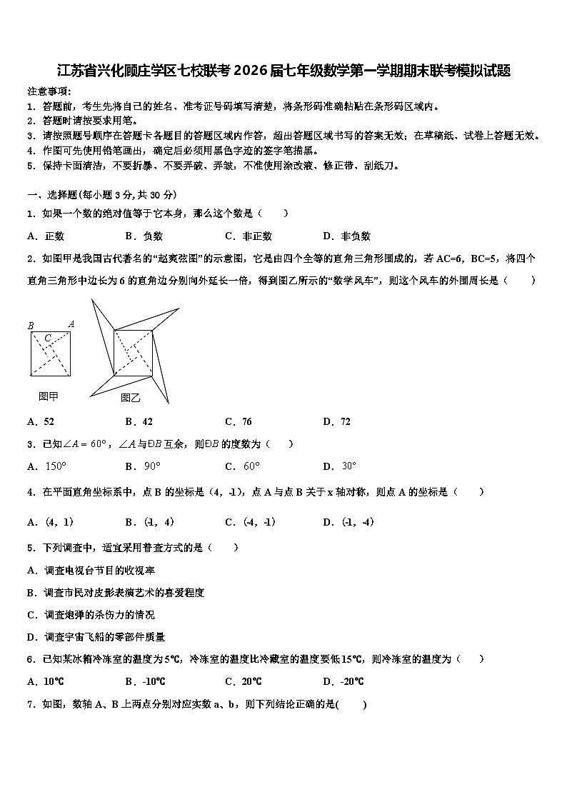 江苏省兴化顾庄学区七校联考2026届七年级数学第一学期期末联考模拟试题含解析第1页