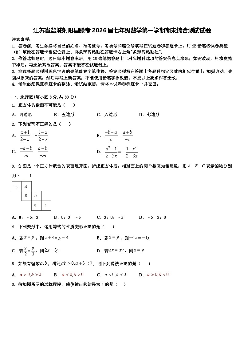 江苏省盐城射阳县联考2026届七年级数学第一学期期末综合测试试题含解析第1页