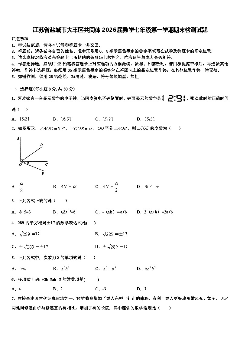 江苏省盐城市大丰区共同体2026届数学七年级第一学期期末检测试题含解析第1页