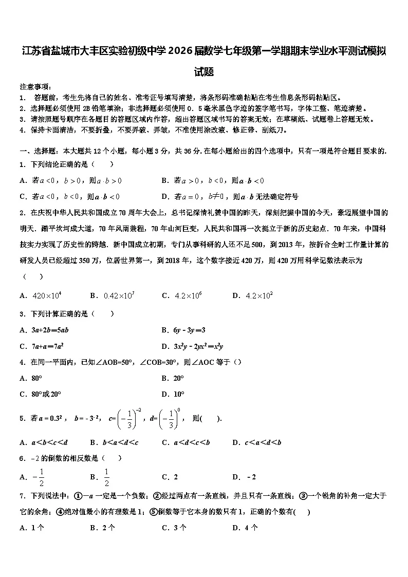 江苏省盐城市大丰区实验初级中学2026届数学七年级第一学期期末学业水平测试模拟试题含解析第1页