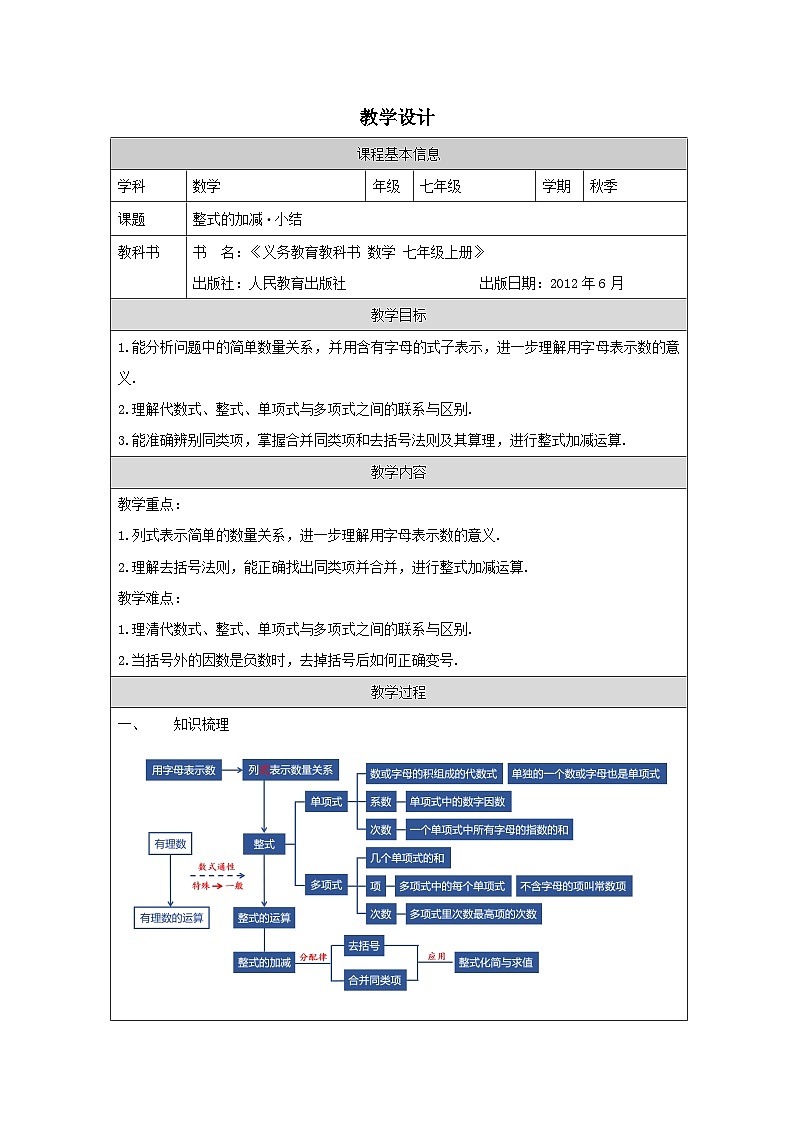 人教版数学七年级上册2小结表格式教案第1页
