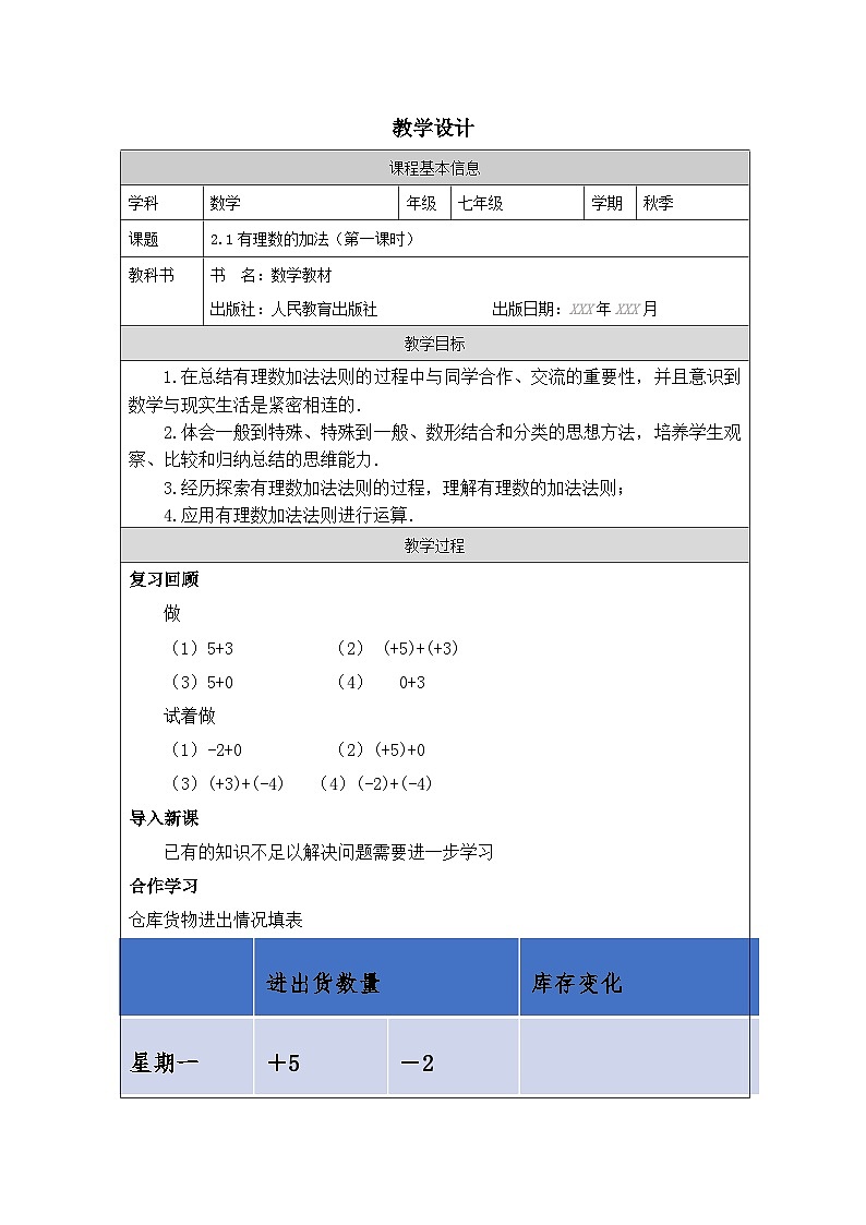 人教版数学七年级上册1.3.1有理数的加法表格式教案第1页
