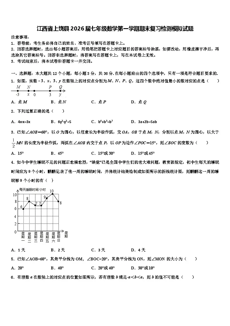 江西省上饶县2026届七年级数学第一学期期末复习检测模拟试题含解析第1页