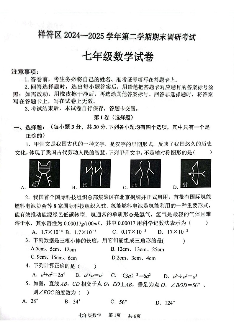 河南省开封市祥符区2024-2025学年七年级下学期期末调研考试数学试卷第1页