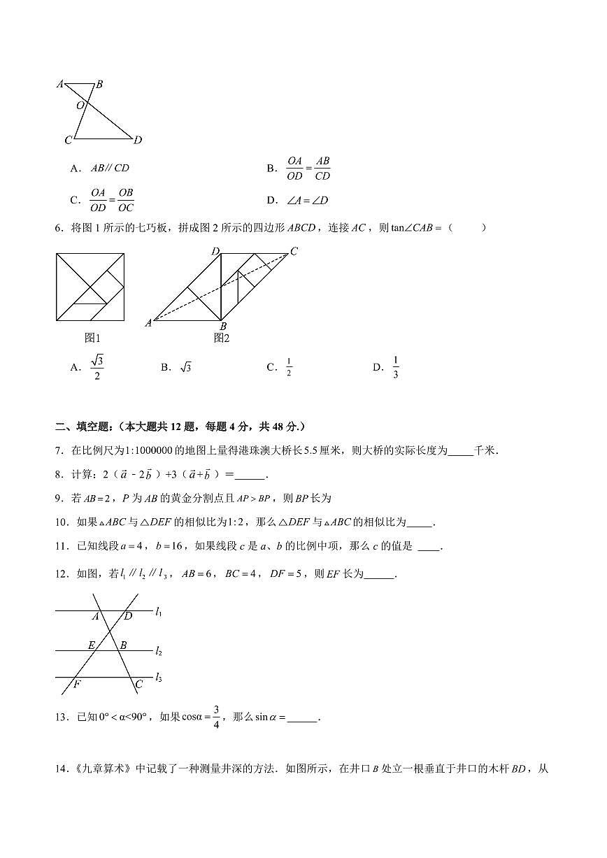 九年级数学上学期期中模拟卷（沪教版五四制第24~25章，高效培优·提升卷）（考试版A4）第2页