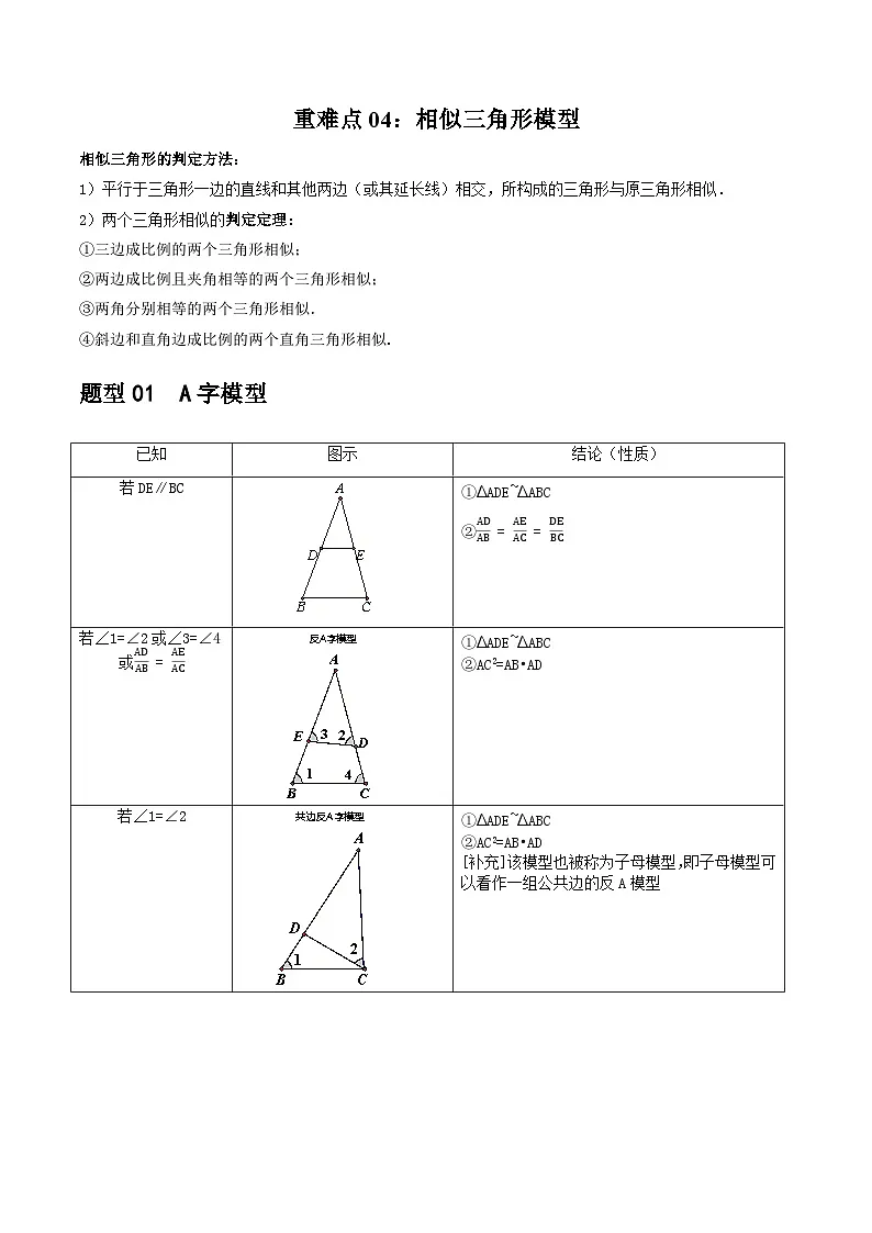 重难点04 相似三角形模型 原卷版第1页