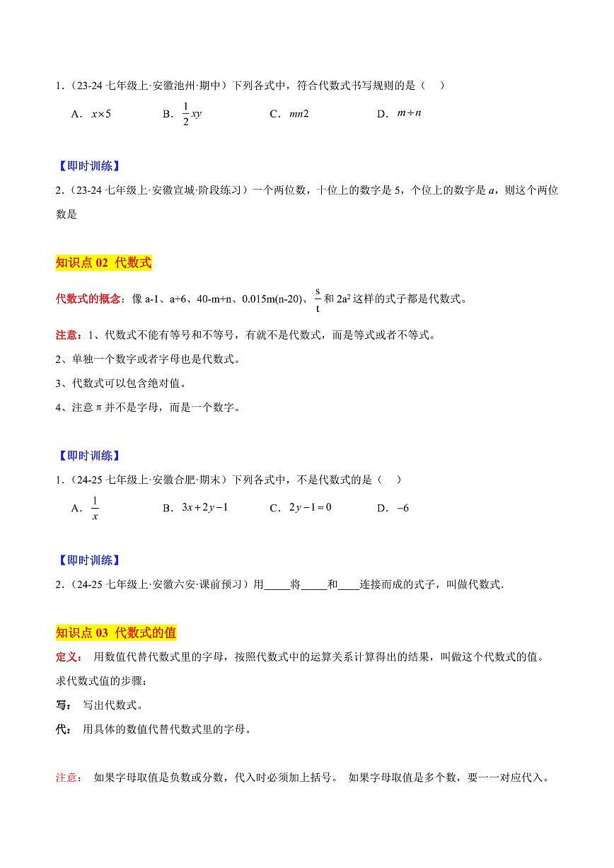 代数式（6大知识点+11大典例+变式训练+过关检测）（原卷版）第2页