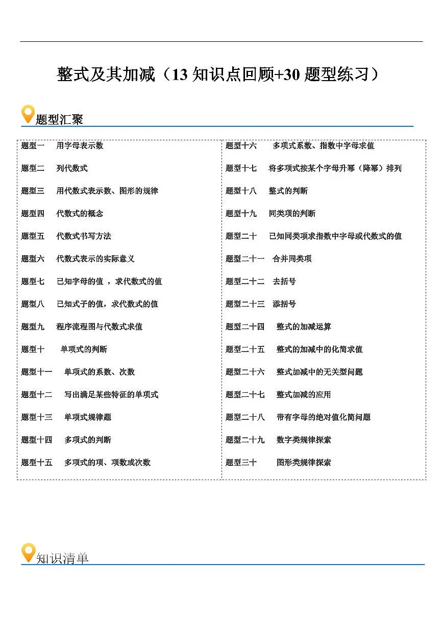 整式及其加减 章节（13知识点回顾+30题型练习）（原卷版）第1页