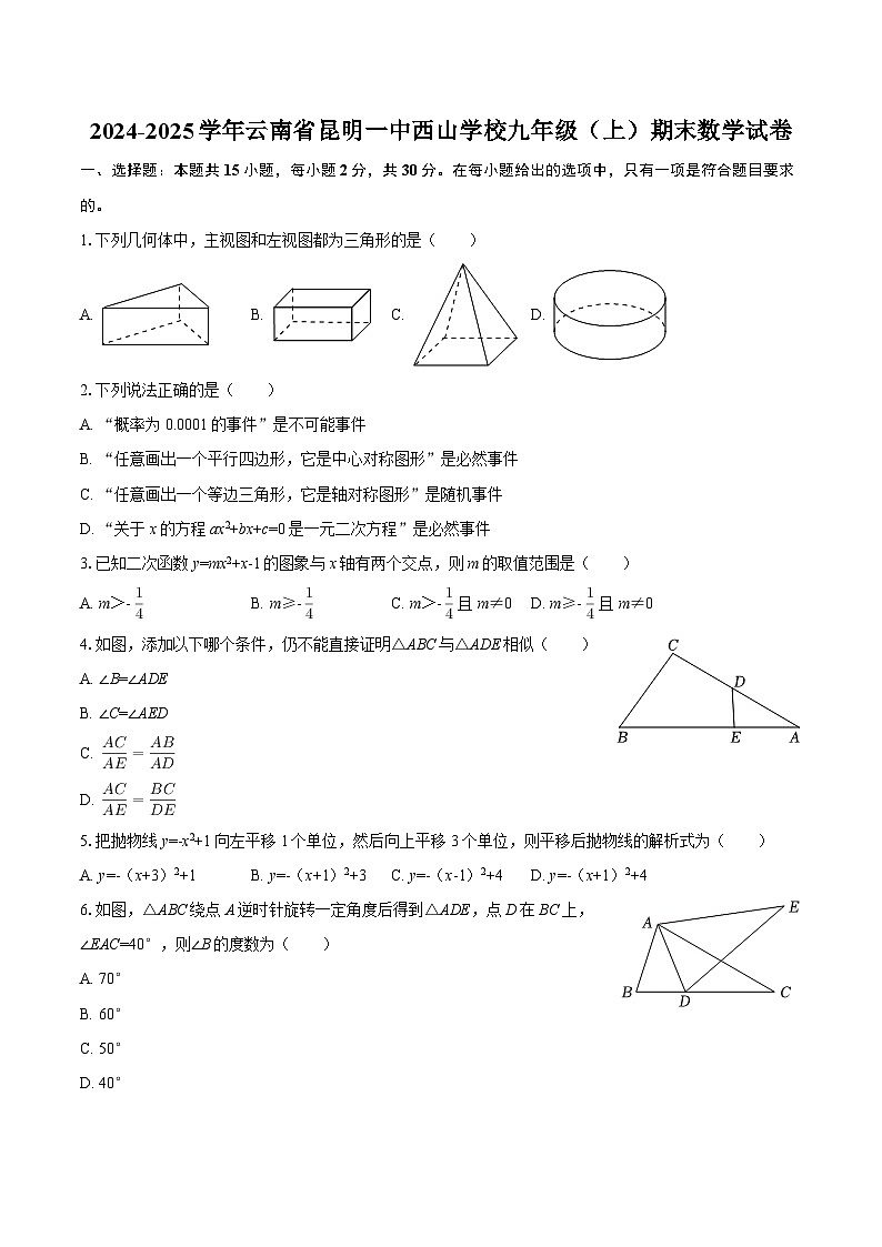 2024-2025学年云南省昆明一中西山学校九年级（上）期末数学试卷-自定义类型第1页