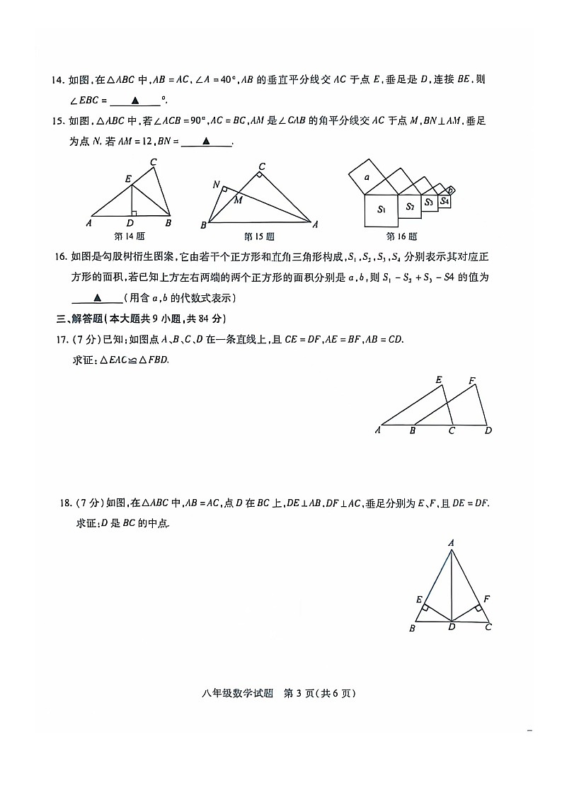 江苏省徐州市丰县2024-2025学年八年级数学上学期数学期中测试卷第3页