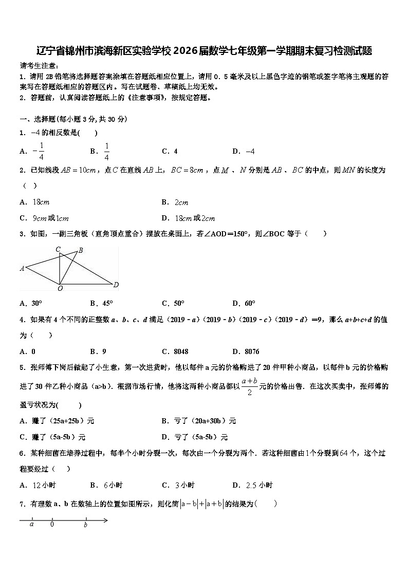 辽宁省锦州市滨海新区实验学校2026届数学七年级第一学期期末复习检测试题含解析第1页