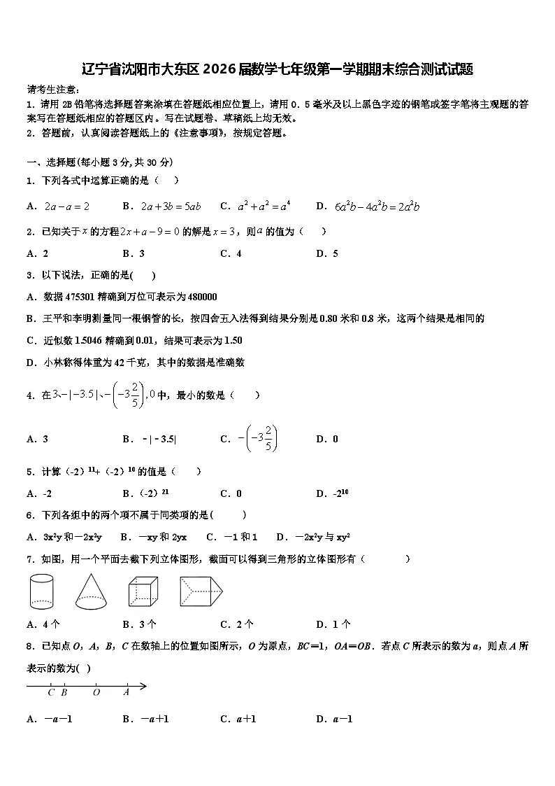 辽宁省沈阳市大东区2026届数学七年级第一学期期末综合测试试题含解析第1页