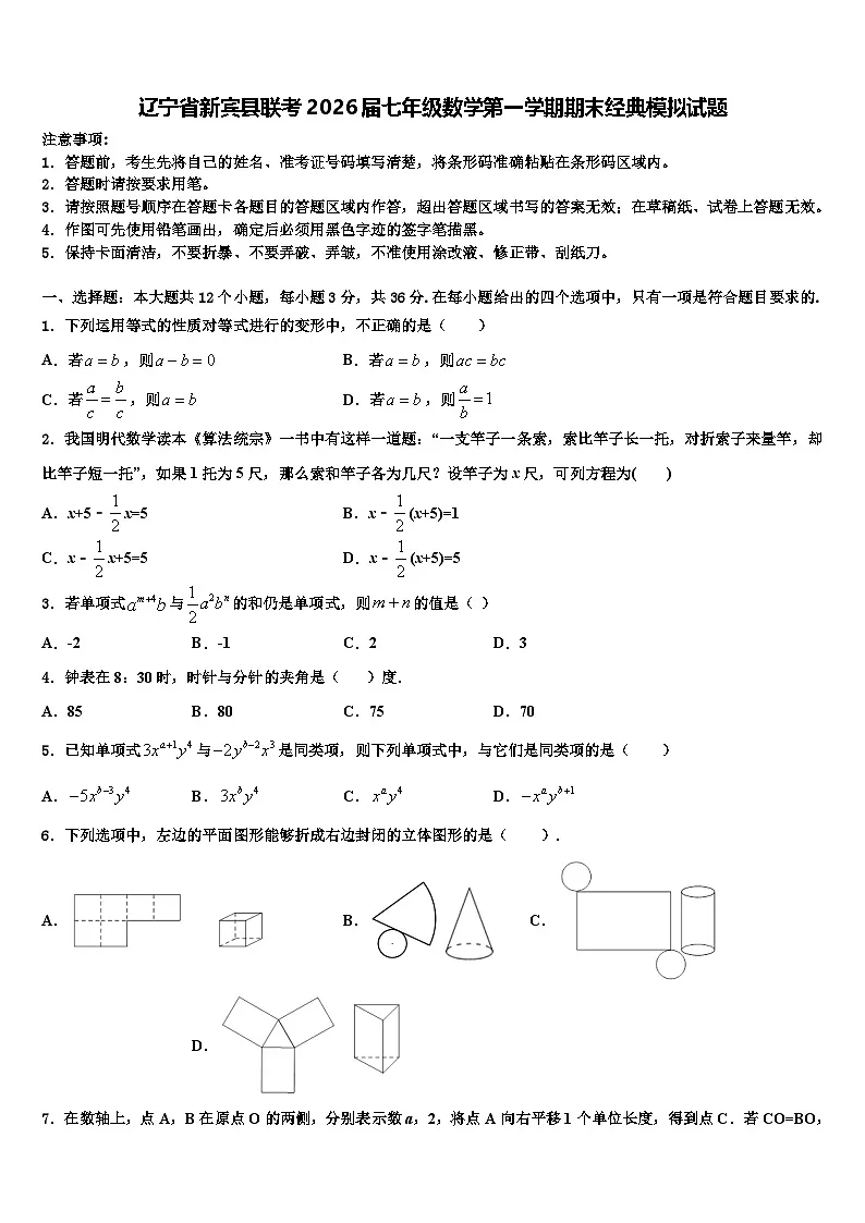 辽宁省新宾县联考2026届七年级数学第一学期期末经典模拟试题含解析第1页