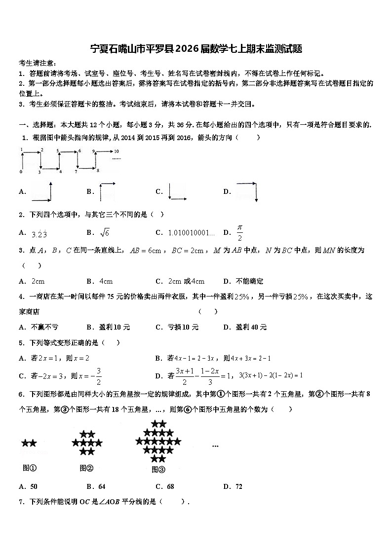 宁夏石嘴山市平罗县2026届数学七上期末监测试题含解析第1页