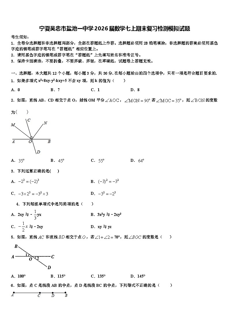 宁夏吴忠市盐池一中学2026届数学七上期末复习检测模拟试题含解析第1页