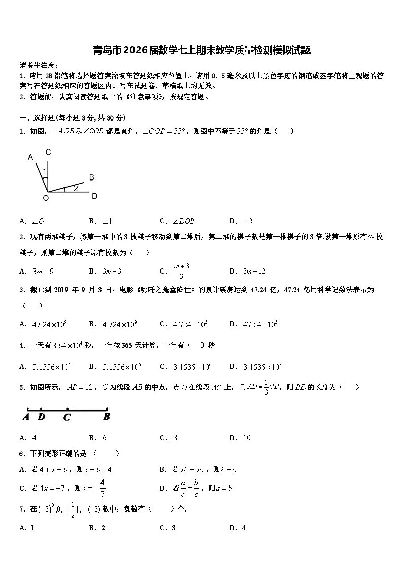 青岛市2026届数学七上期末教学质量检测模拟试题含解析第1页