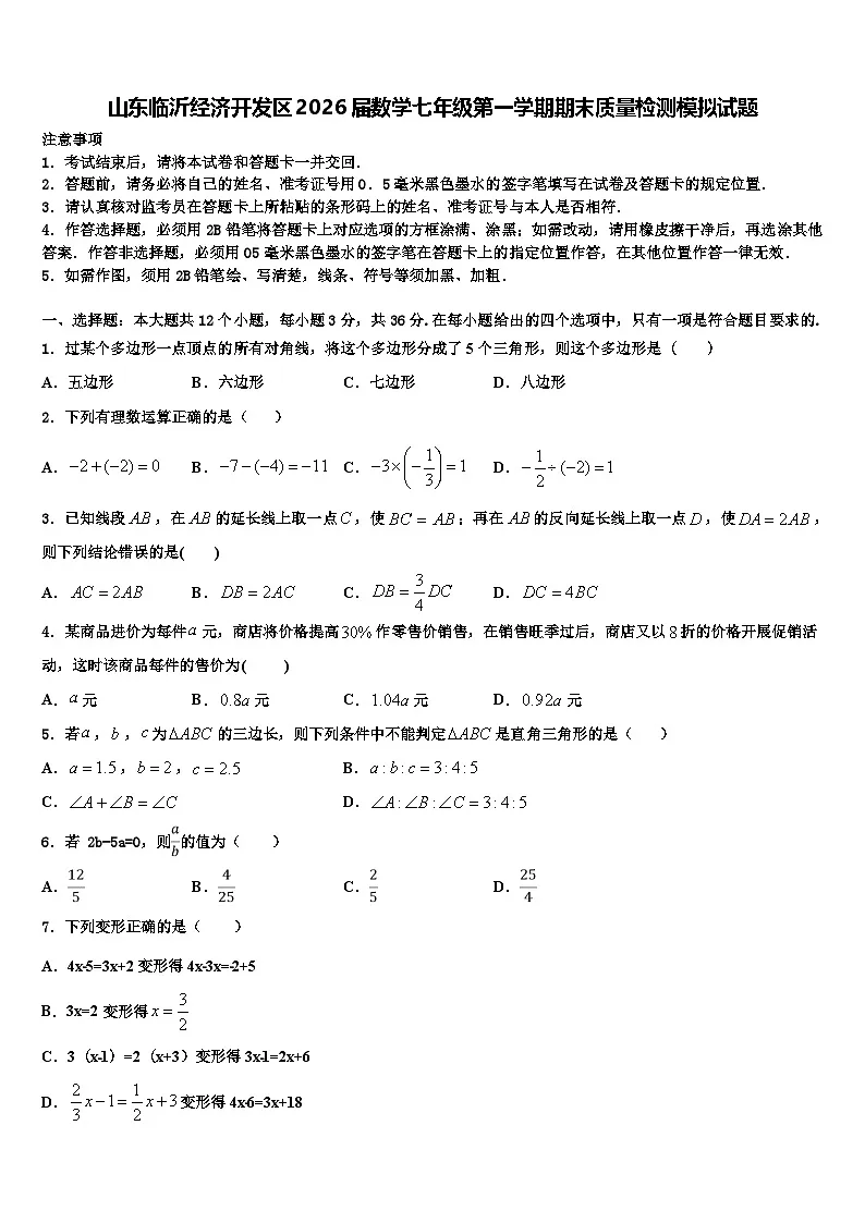 山东临沂经济开发区2026届数学七年级第一学期期末质量检测模拟试题含解析第1页
