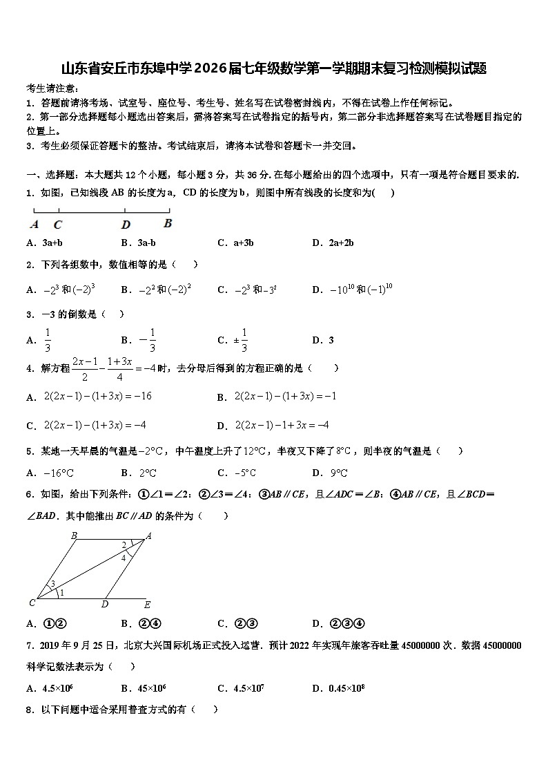山东省安丘市东埠中学2026届七年级数学第一学期期末复习检测模拟试题含解析第1页