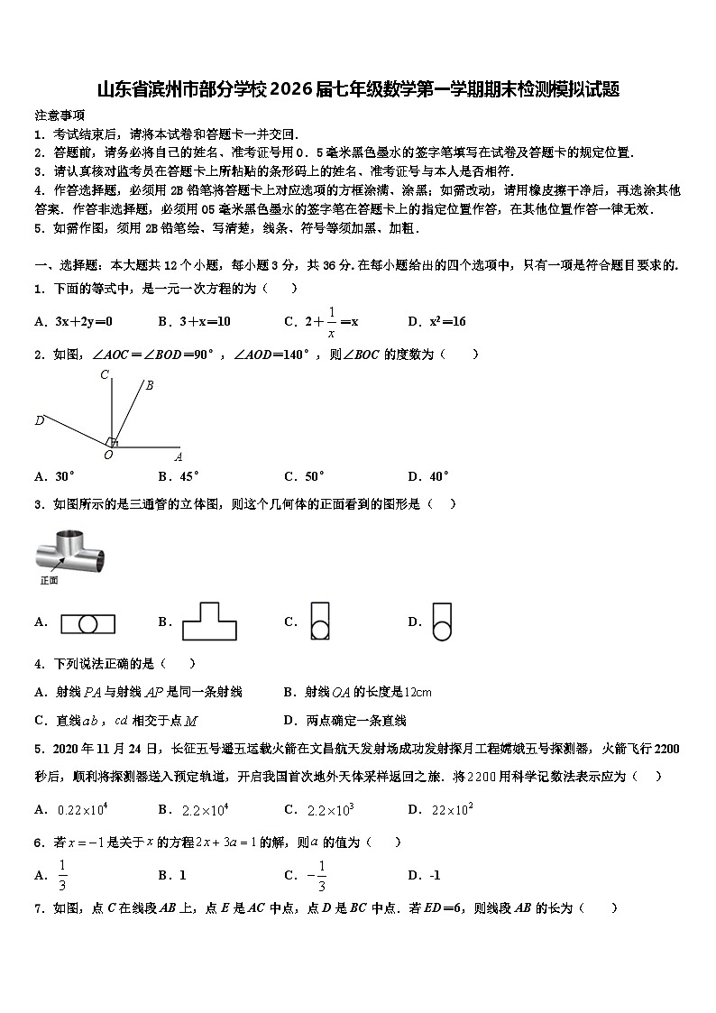 山东省滨州市部分学校2026届七年级数学第一学期期末检测模拟试题含解析第1页
