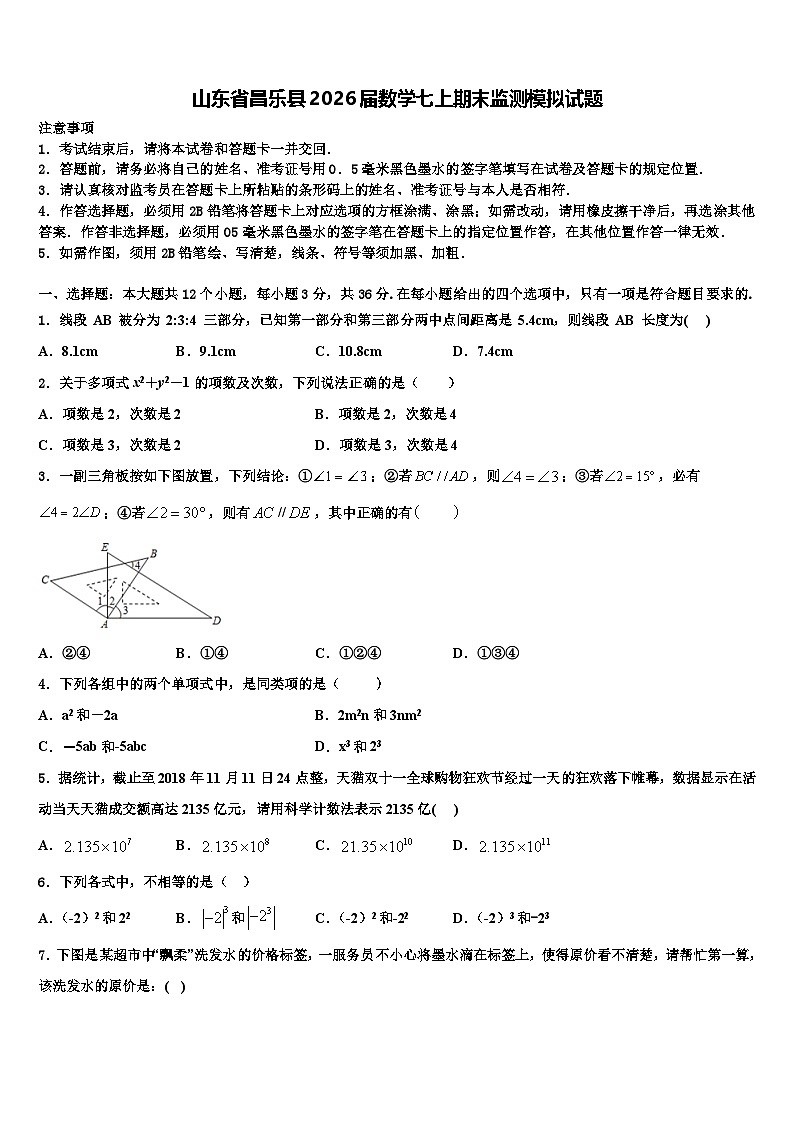山东省昌乐县2026届数学七上期末监测模拟试题含解析第1页
