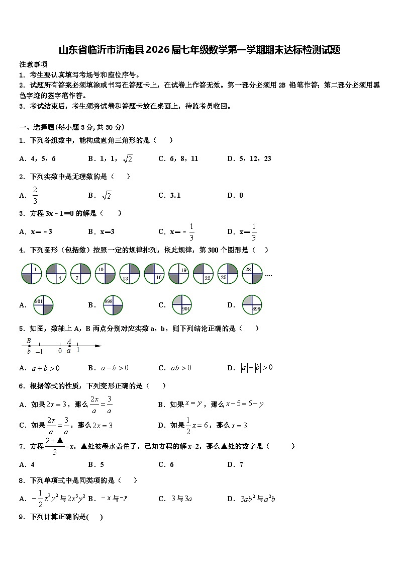 山东省临沂市沂南县2026届七年级数学第一学期期末达标检测试题含解析第1页