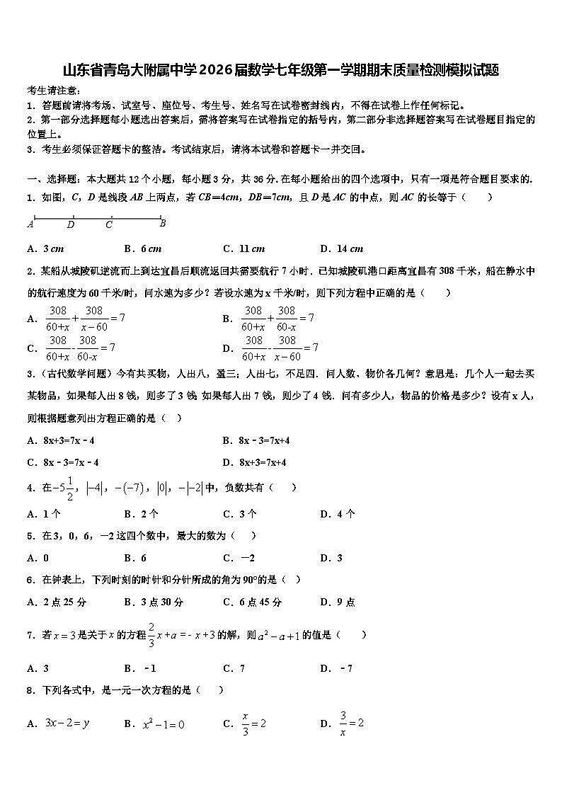 山东省青岛大附属中学2026届数学七年级第一学期期末质量检测模拟试题含解析第1页