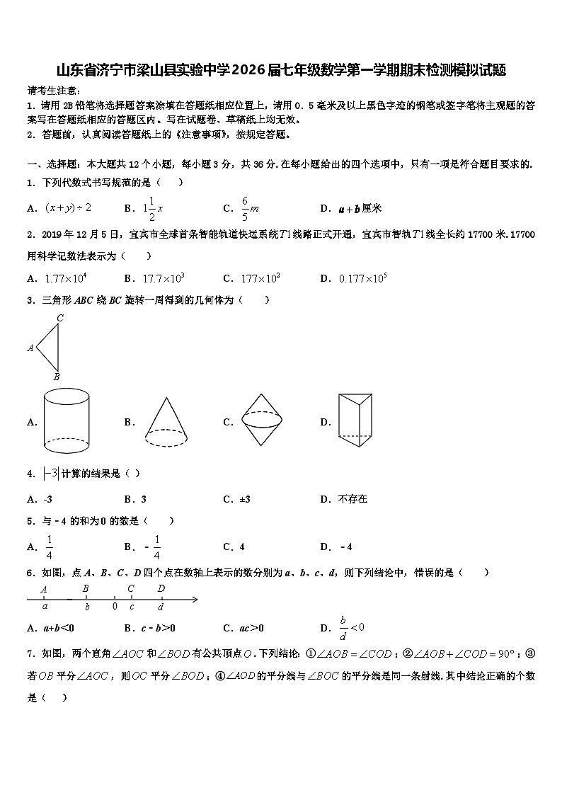 山东省济宁市梁山县实验中学2026届七年级数学第一学期期末检测模拟试题含解析第1页