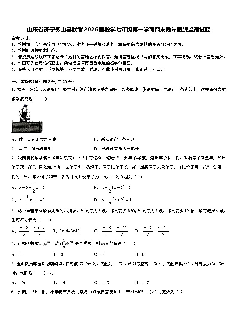 山东省济宁微山县联考2026届数学七年级第一学期期末质量跟踪监视试题含解析第1页