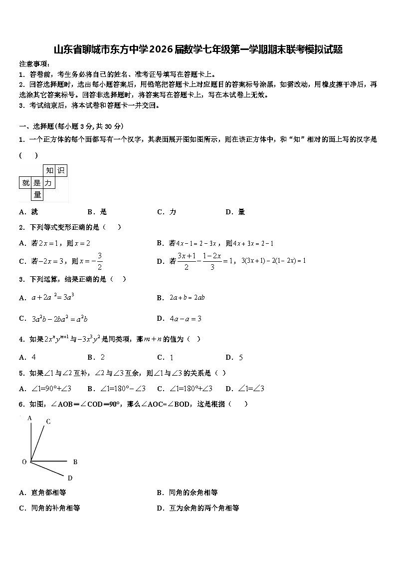 山东省聊城市东方中学2026届数学七年级第一学期期末联考模拟试题含解析第1页