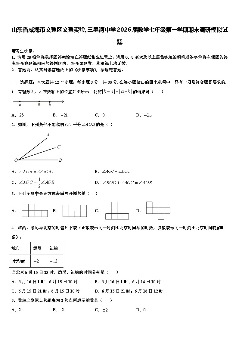 山东省威海市文登区文登实验，三里河中学2026届数学七年级第一学期期末调研模拟试题含解析第1页