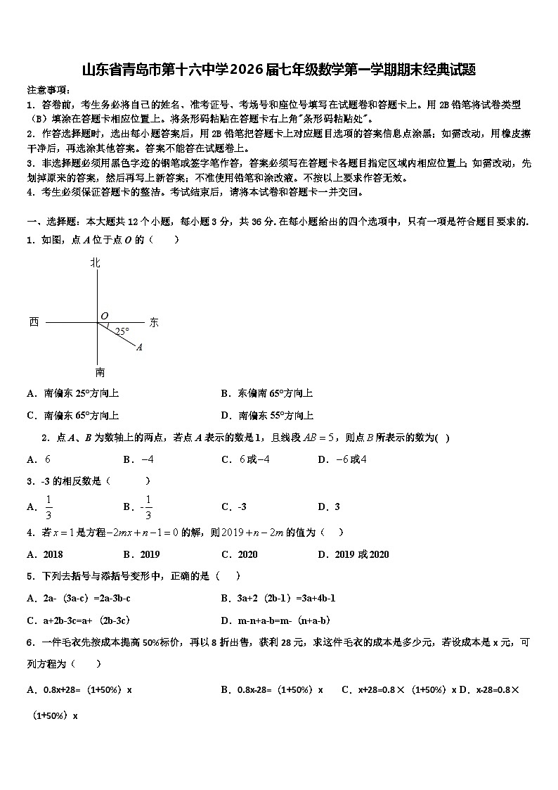 山东省青岛市第十六中学2026届七年级数学第一学期期末经典试题含解析第1页